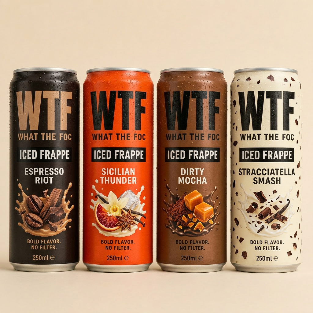 Four colorful frappé cans lined up